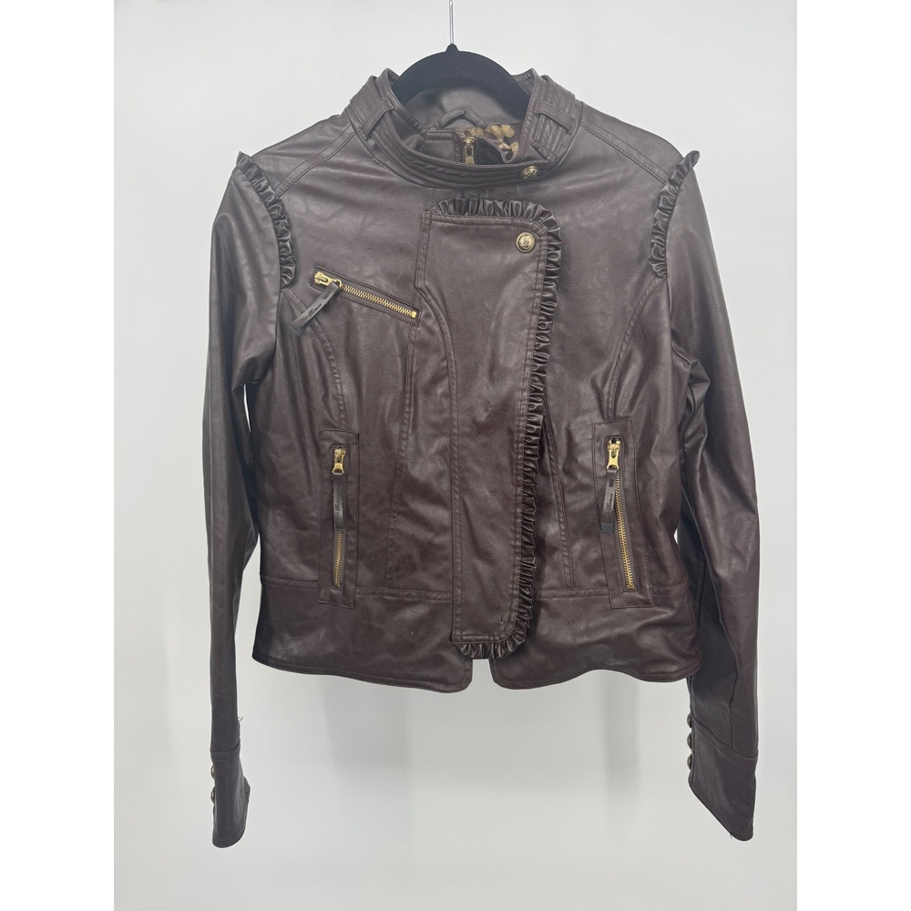 Apple Bottoms Womens Brown Faux‎ Leather Ruffle Moto Jacket Leopard Lining L
